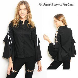 Poplin Lace up Bell Sleeve Moto Gothic Shirt Top